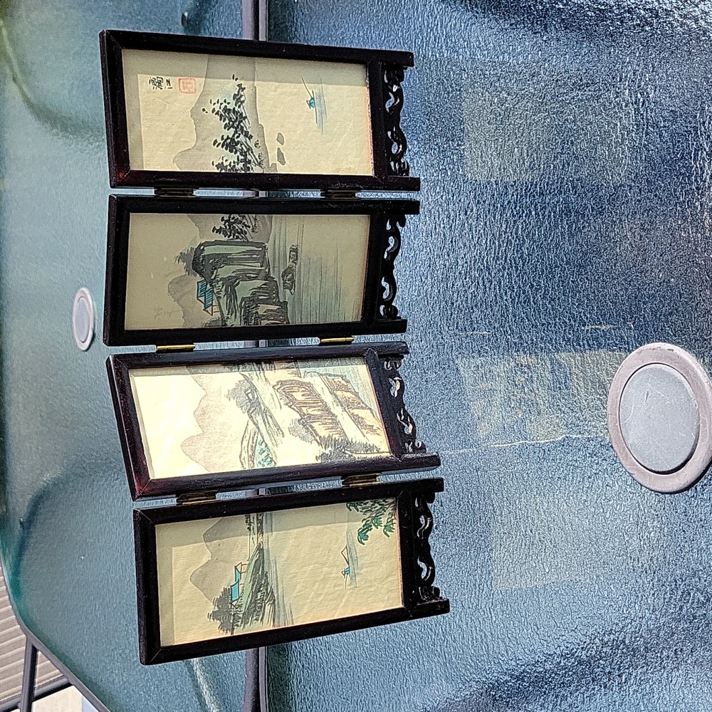 Vintage Chinese 4 Panel Mini Screen Artist Hand Painted Silk Lacquer Wood Glass - Picture 2 of 13